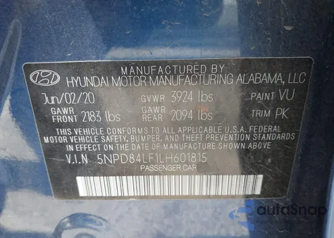 2020 Hyundai Elantra Sel из США, поврежденный, VIN 5NPD84LF1LH601815